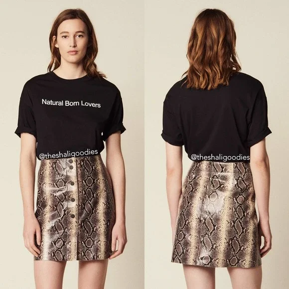 SANDRO Short Python Print Leather Mini Skirt
